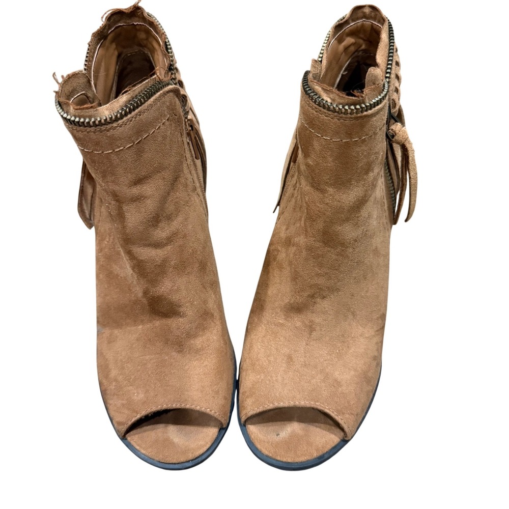 DV by Dolce Vita Tan Fringe Peep Toe Block Heel Ankle Booties Women Size 8‎
